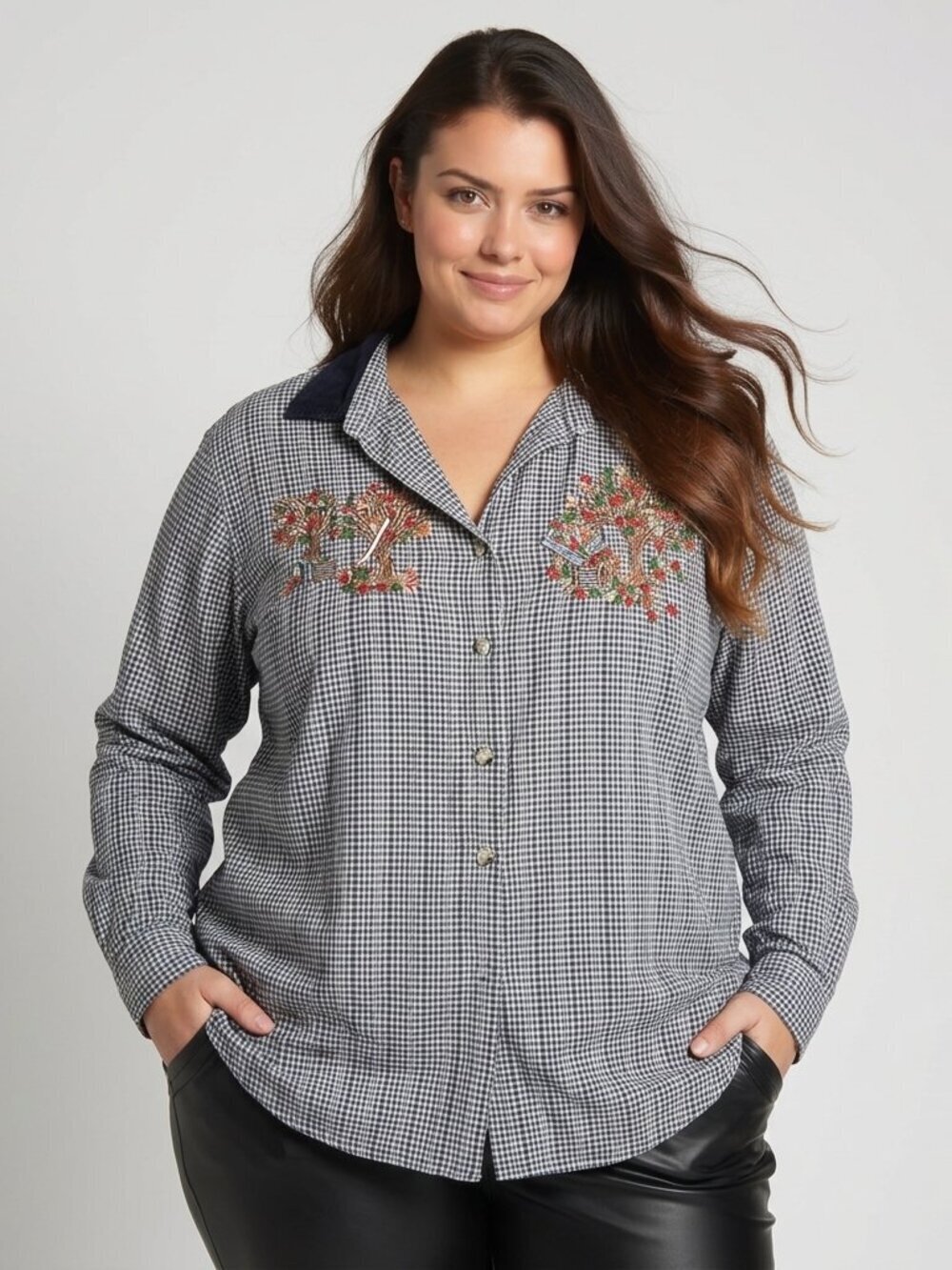 Studio Collection Vintage Autumn Motifs Embroidered Checks Button Down Shirt Top